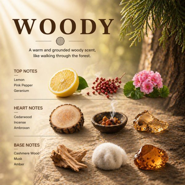 Woody Car Fragrance — ingredient breakdown: lemon, pink pepper, cedarwood, cashmere wood