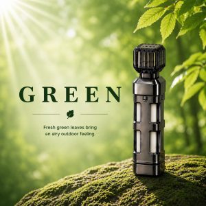 Green Car Fragrance — main bottle shot on mossy stone, Leopard 5/7/8 Original accessory