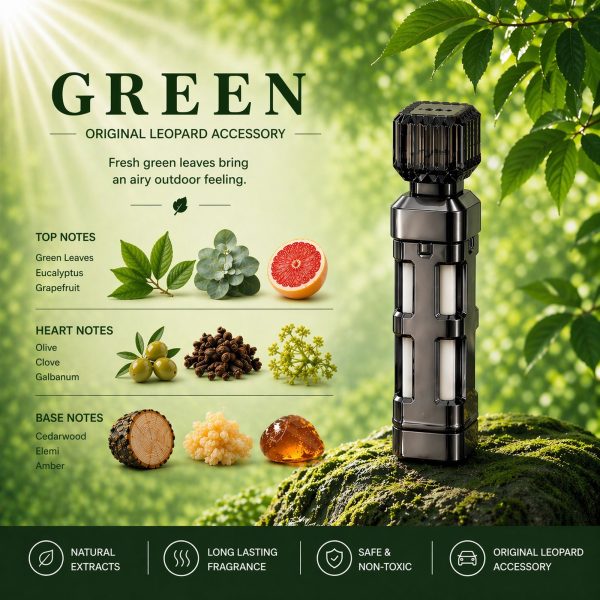 Green Car Fragrance — promotional layout with green leaves and forest scene