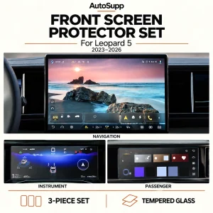 Three tempered-glass protectors for specified 2023–2026 Leopard 5 navigation, instrument and passenger displays