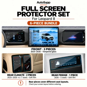 Leopard 8 six-piece screen protector bundle: three front tempered-glass pieces, two rear climate soft films for six-/seven-seat layouts, and one rear fridge soft film for the 2026 five-seat layout